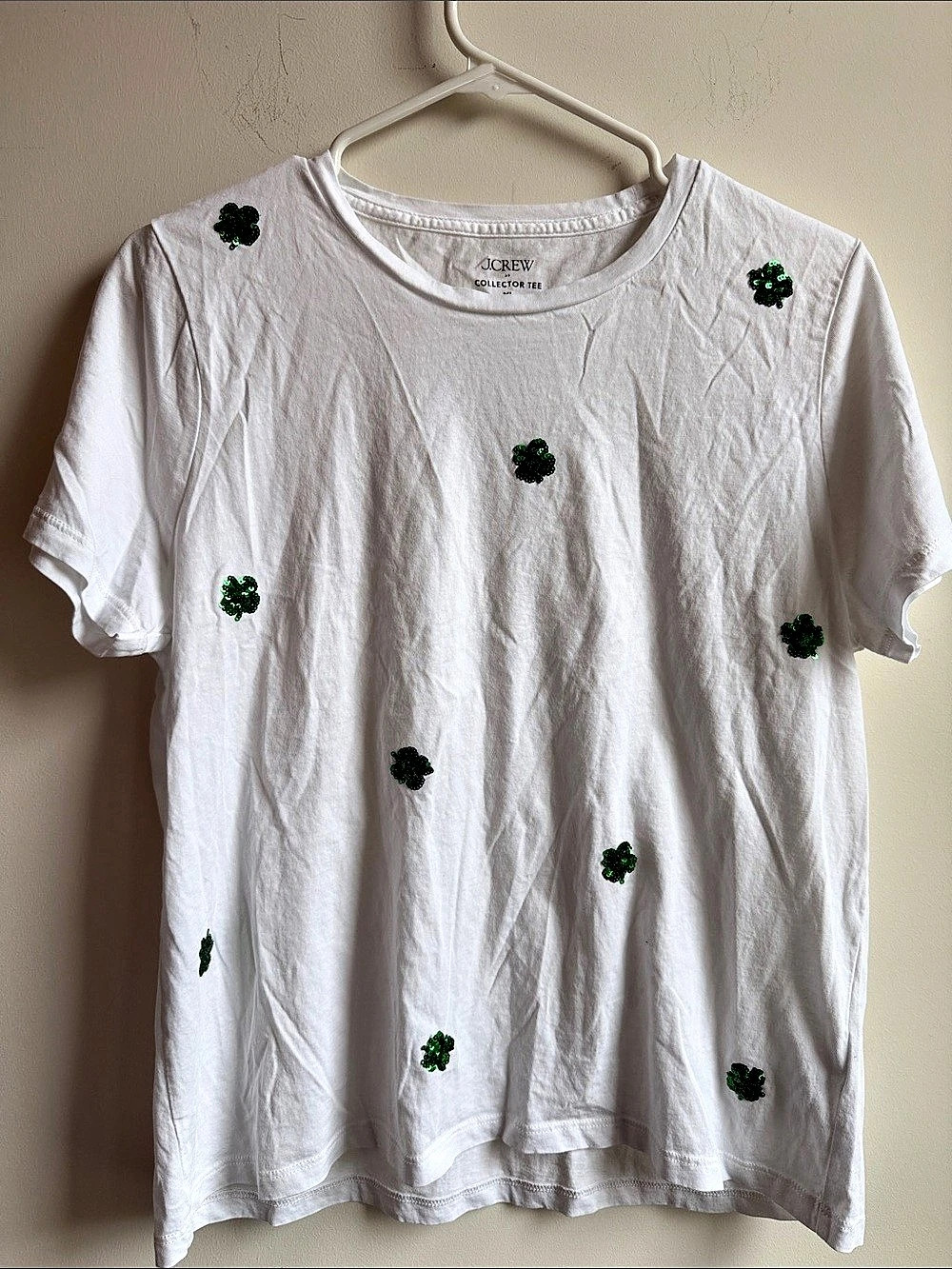 J.Crew Collector Tee with Sequined Clovers White & Green XL